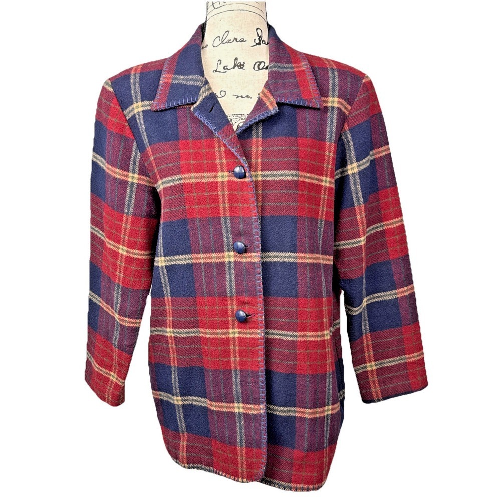 Bedford Fair Vtg Wool Blend Jacket Whipstitched Red Plaid Sz 6 Cottagecore